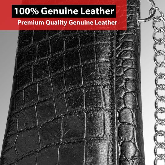 IBRO Motorcycle Chain Wallet for Men – 100% Natural Genuine Leather, Long Trifold RFID Blocking Wallet Crocodile Black