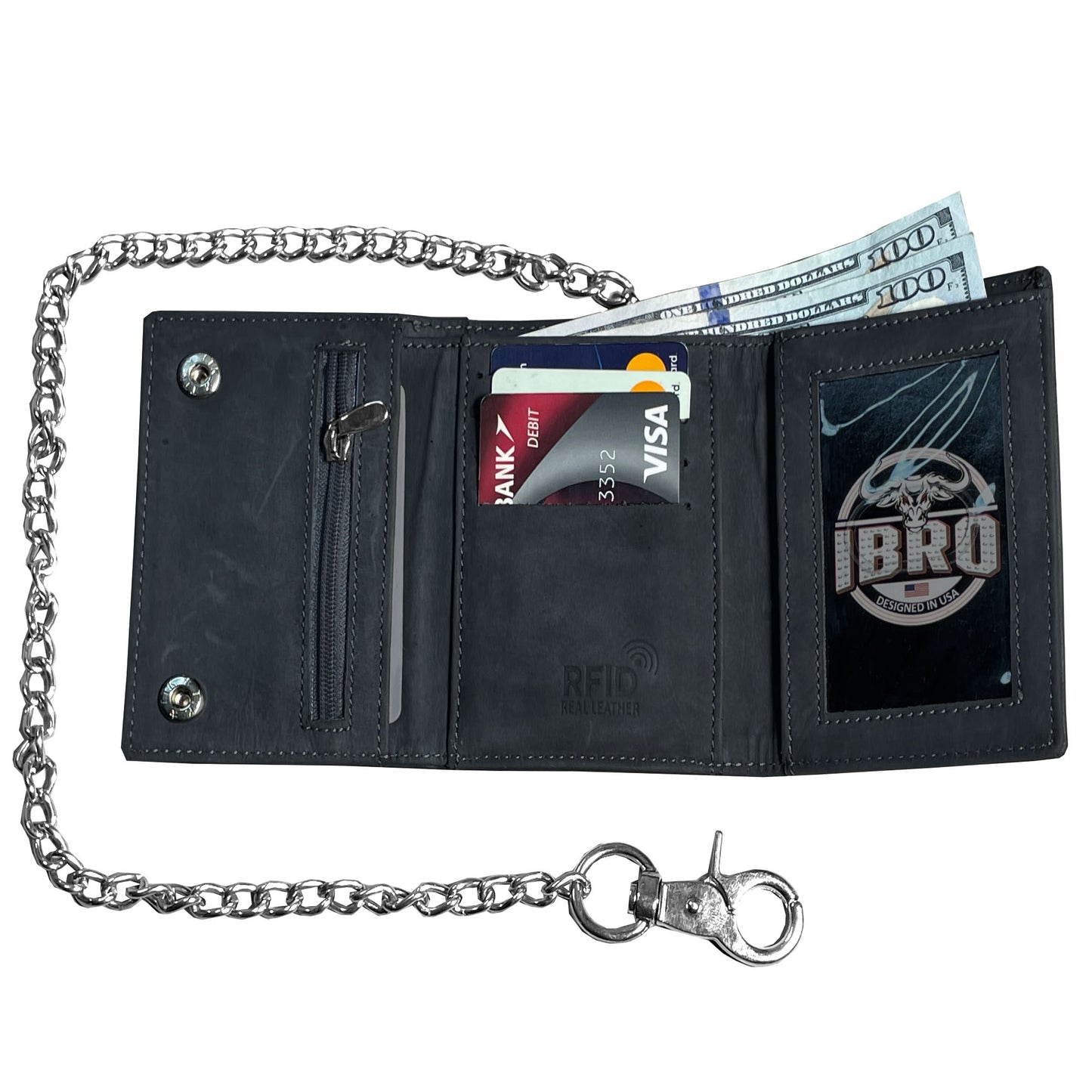 IBRO Motorcycle Biker Trifold Chain Wallet for Men Crazy Horse Grey