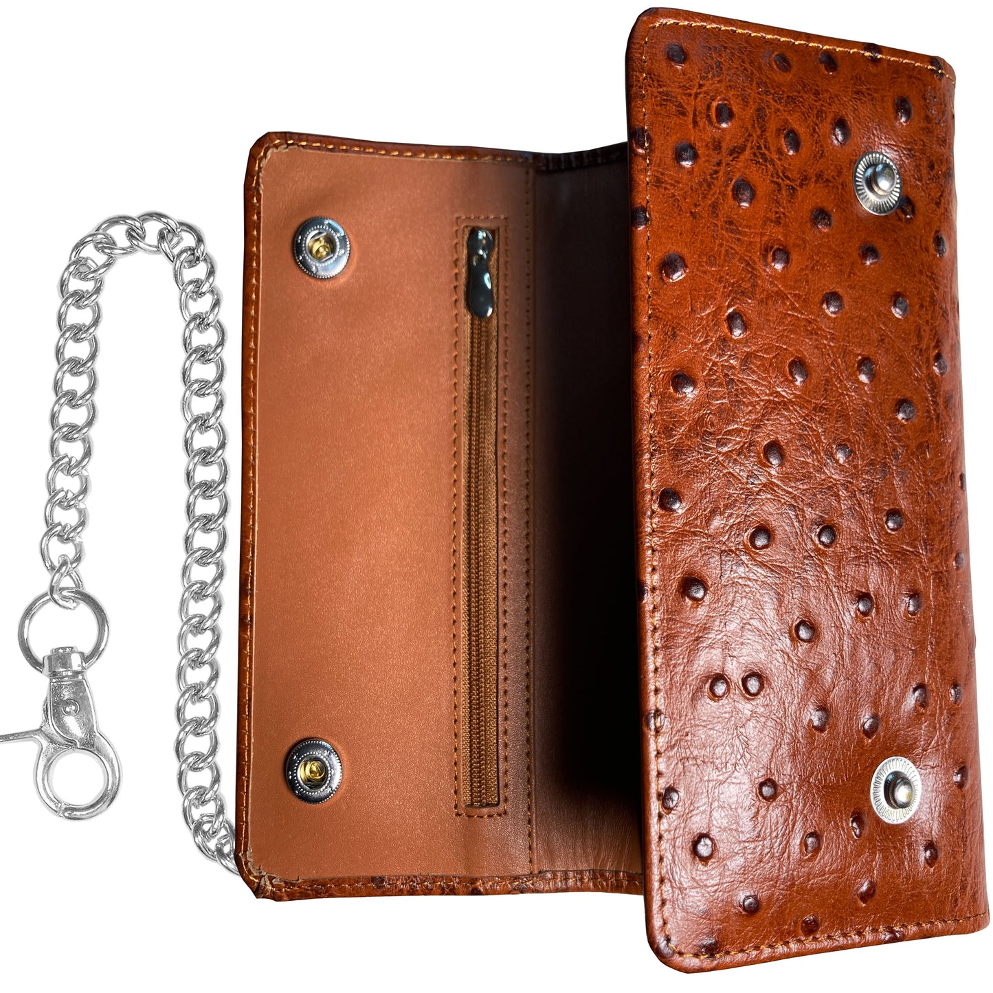 IBRO Motorcycle Chain Wallet for Men – 100% Natural Genuine Leather, Long Trifold RFID Blocking Wallet Ostrich Brown