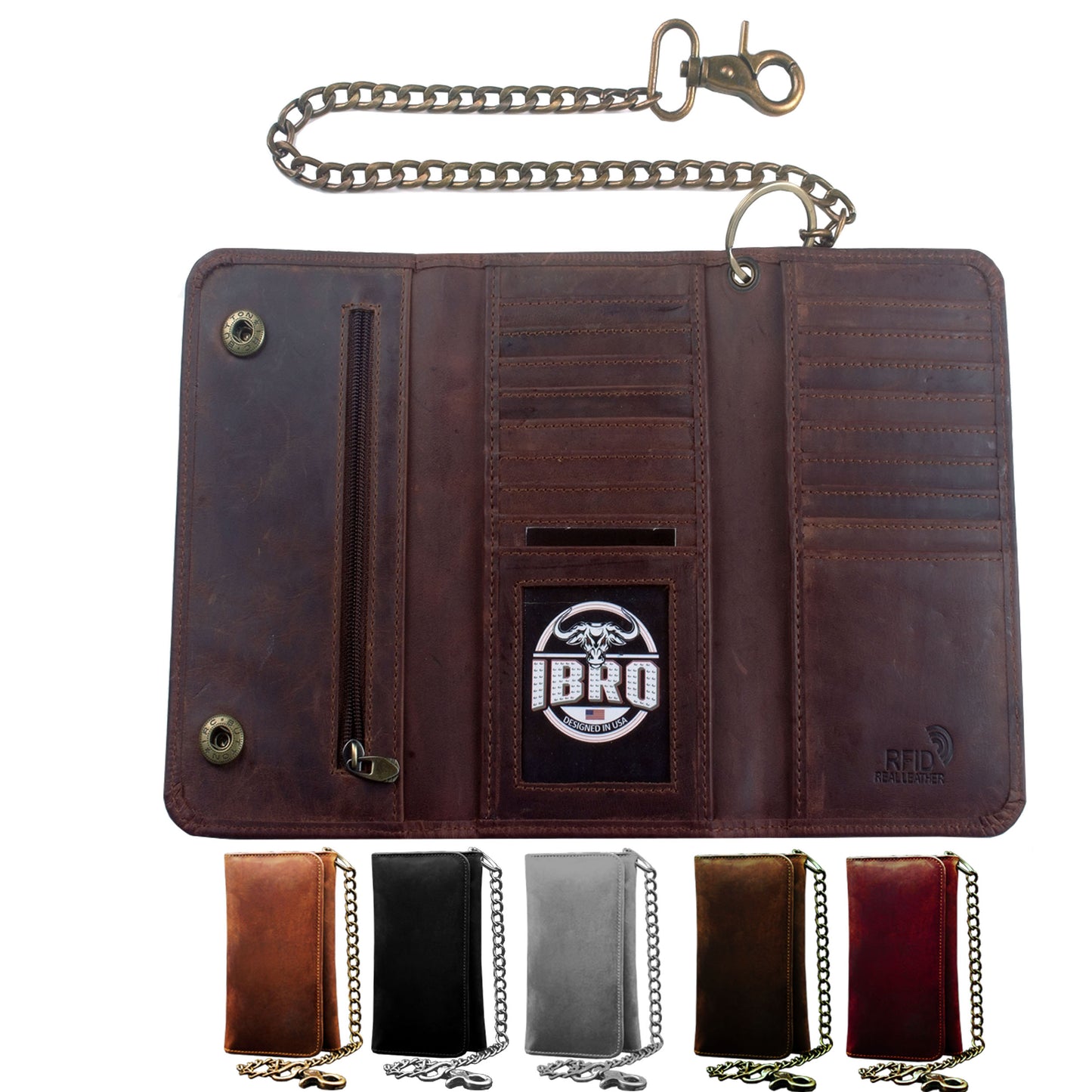 IBRO Motorcycle Chain Wallet for Men – 100% Natural Genuine Leather, Long Trifold RFID Blocking Wallet Crazy Horse Brown