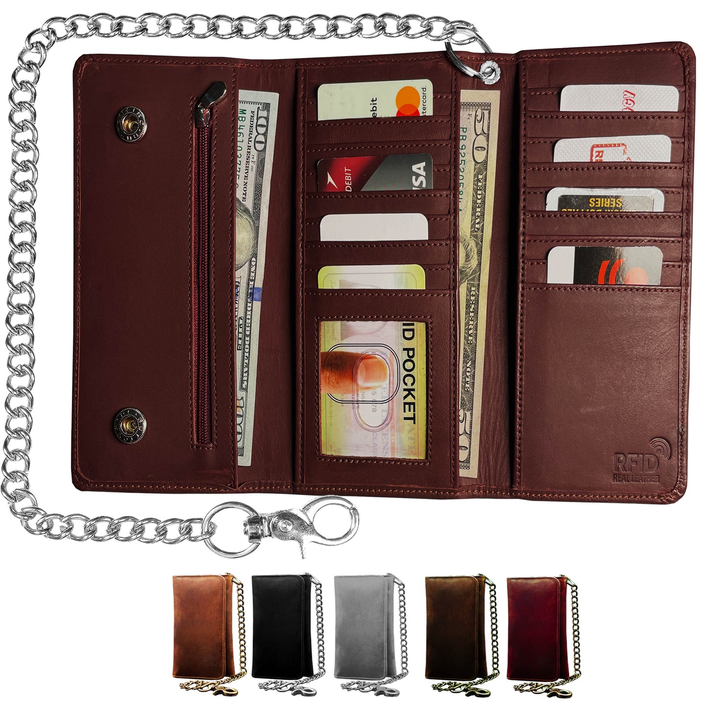 IBRO Motorcycle Chain Wallet for Men – 100% Natural Genuine Leather, Long Trifold RFID Blocking Wallet OXBlood