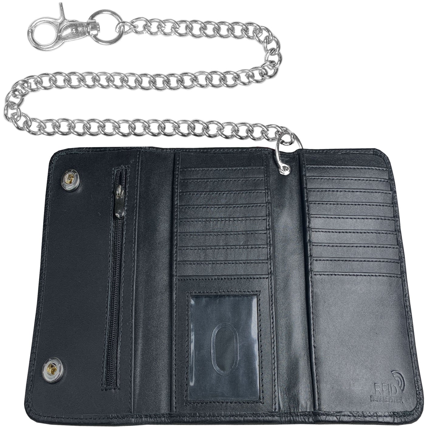 IBRO Motorcycle Chain Wallet for Men – 100% Natural Genuine Leather, Long Trifold RFID Blocking Wallet Crocodile Black