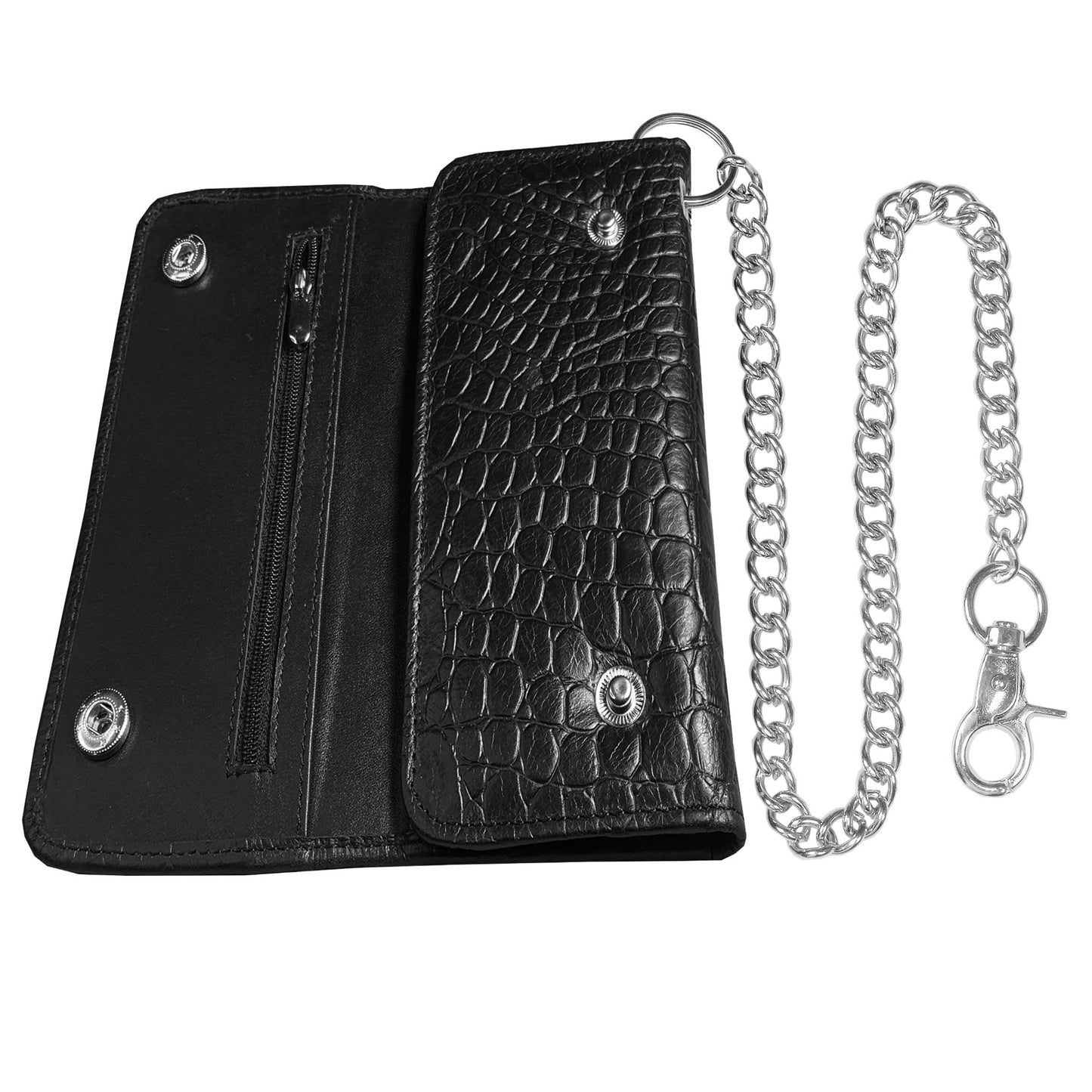 IBRO Motorcycle Chain Wallet for Men – 100% Natural Genuine Leather, Long Trifold RFID Blocking Wallet Crocodile Black